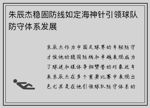 朱辰杰稳固防线如定海神针引领球队防守体系发展